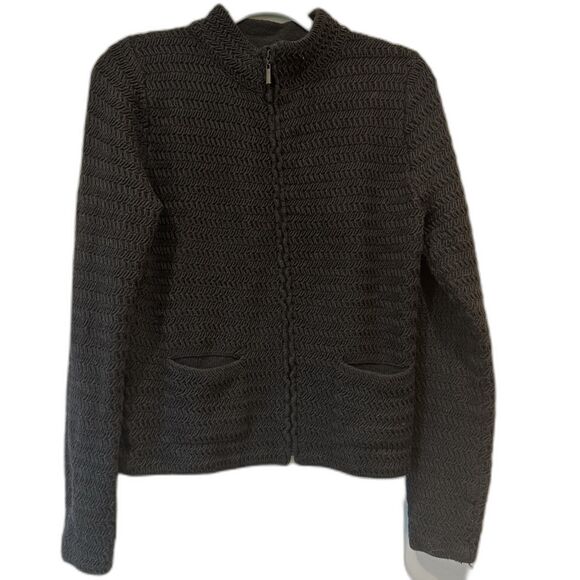 Eileen Fisher Textured Zip Up Cardigan Sweater Black Wool Cotton Women Medium - Picture 2 of 7